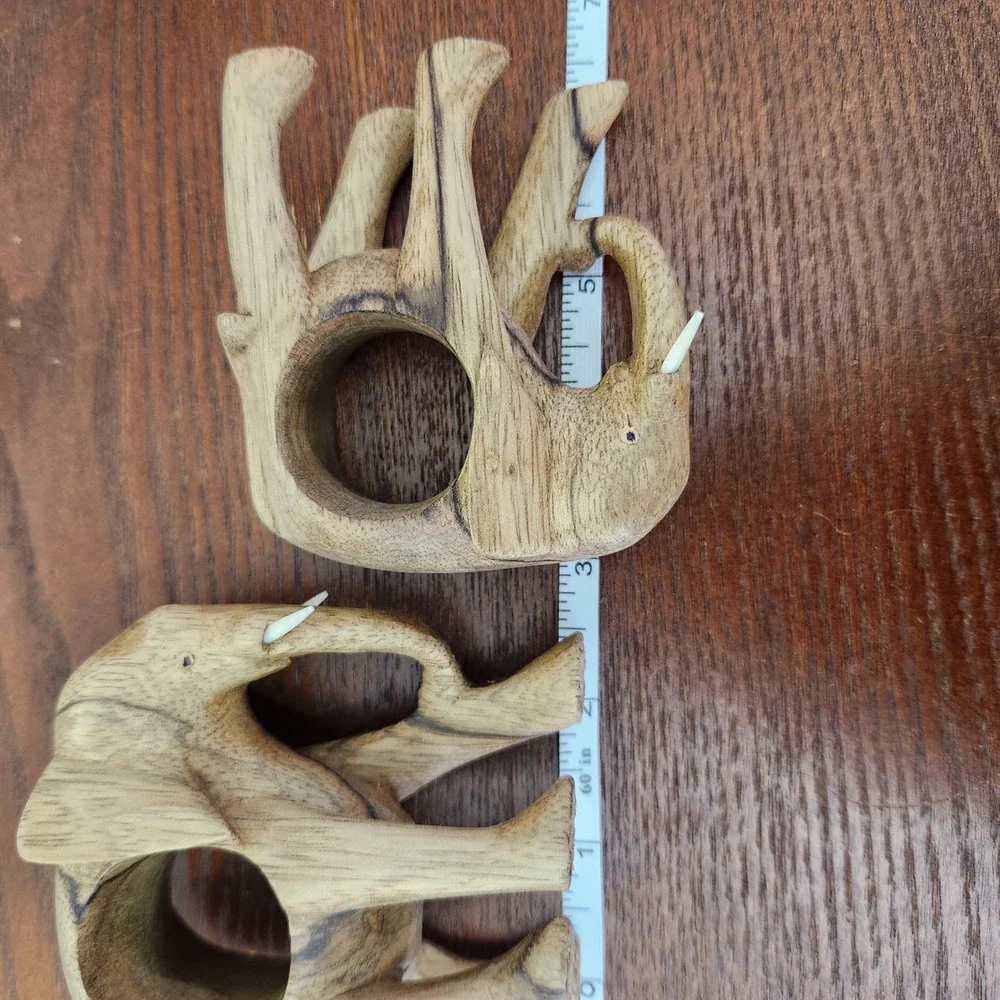 Vintage standing wooden elephant napkin ring holders set‎ of 6